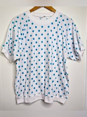 Vintage 80s Polka Dot Top Blue White No Size Approx XL/1X Banded Bottom